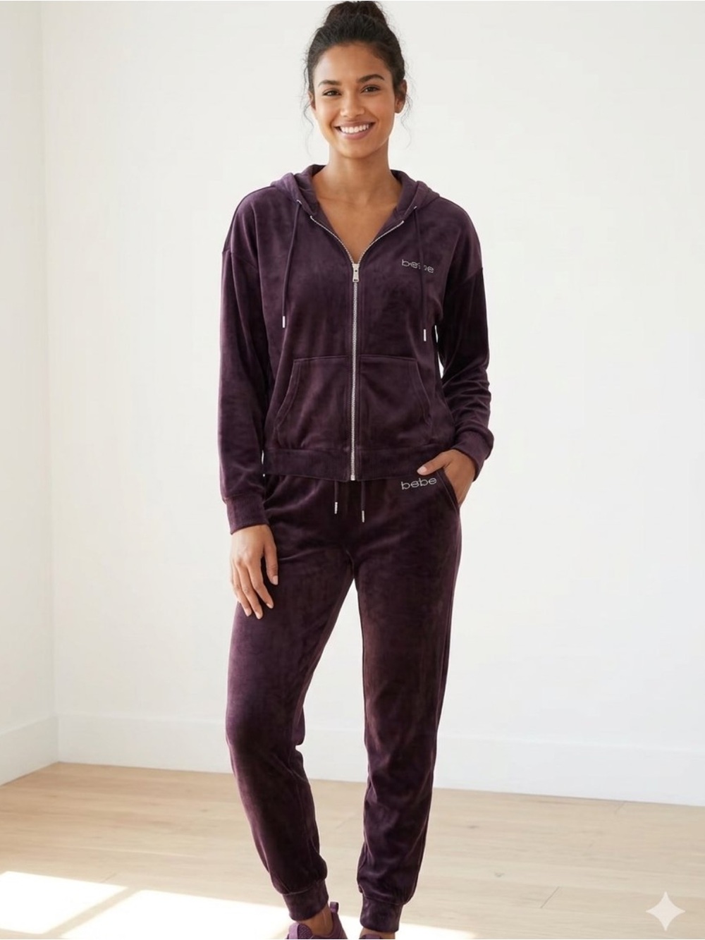 Bebe Velour Track Suit Hoodie Sweatsuit Plum Purple Y2K vibe 2 piece
